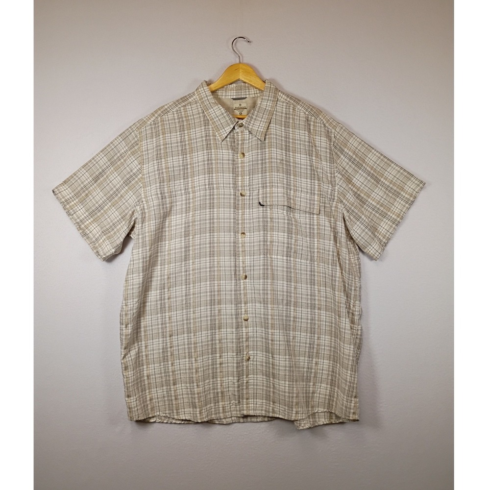 Outdoor Gorpcore RuffHewn Men XL Beige Plaid Mesh Lined Short Sleeve Button Down